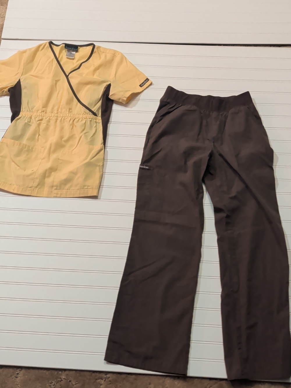 Cherokee Flexible ScrubsYellow Scrub Top with Brown Wide-Leg Pants